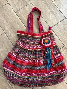 Made in Peru 100% Wool Handcrafted woven Crochet Knit Multicolor Tote Bag Purse